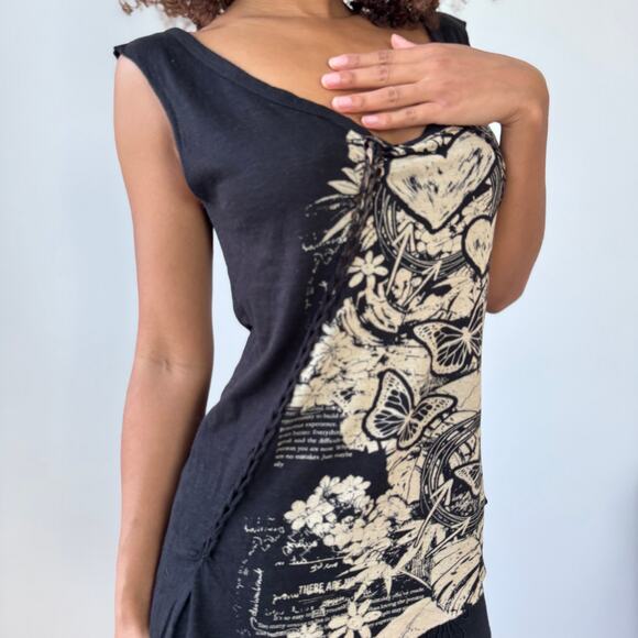 Vintage Desigual black + cream graphic asymmetrical tank (Large) - Picture 2 of 11